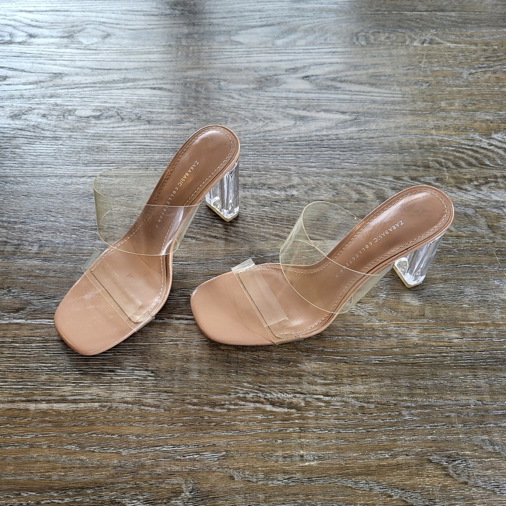 Zara Basic Collection Clear Vinyl Mule Sandals Tan Square Toe Block Heel EU 38 - Picture 2 of 8